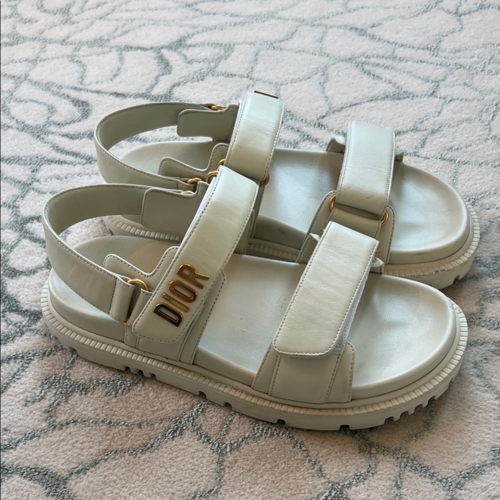 Dior Cream Sandals with Gold Lettering